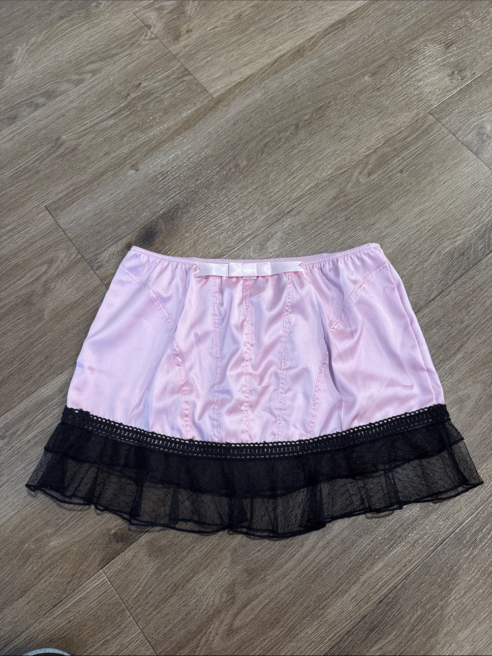 Pink Satin Mini Skirt with Black Lace Trim